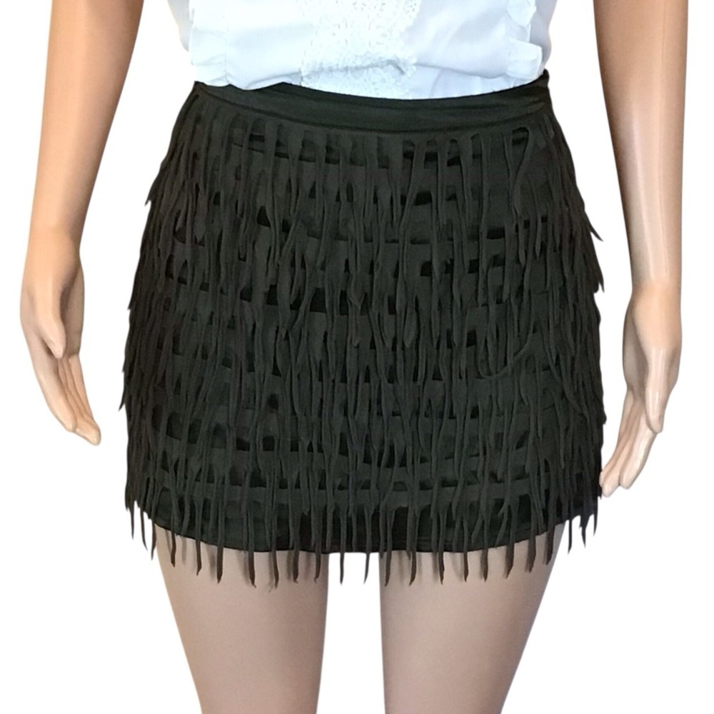 NWOT Do & Be Fringe Mini Skirt Size Large Dark Green Tassel Layered Festival